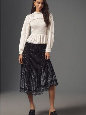 FARM Rio Black Midi Skirt with White Floral Border